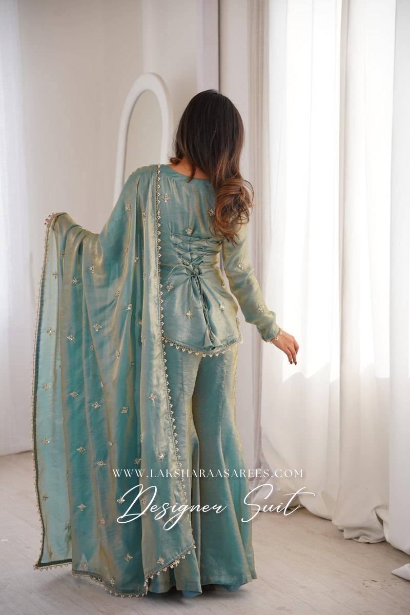 Laksharaa Sarees DEONA — Shimmer Silk Corset Back Sharara Suit Teal Model Back View