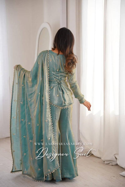 Laksharaa Sarees DEONA — Shimmer Silk Corset Back Sharara Suit Teal Model Back View