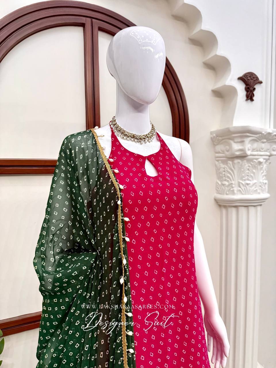 Laksharaa Sarees DORA Farsi Suit Pretty Pink halter top detail on mannequin
