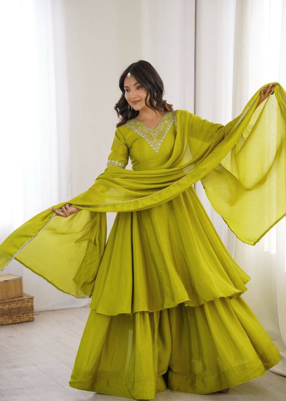 Laksharaa Sarees Chinnon Silk Peplum Suit Lime Green