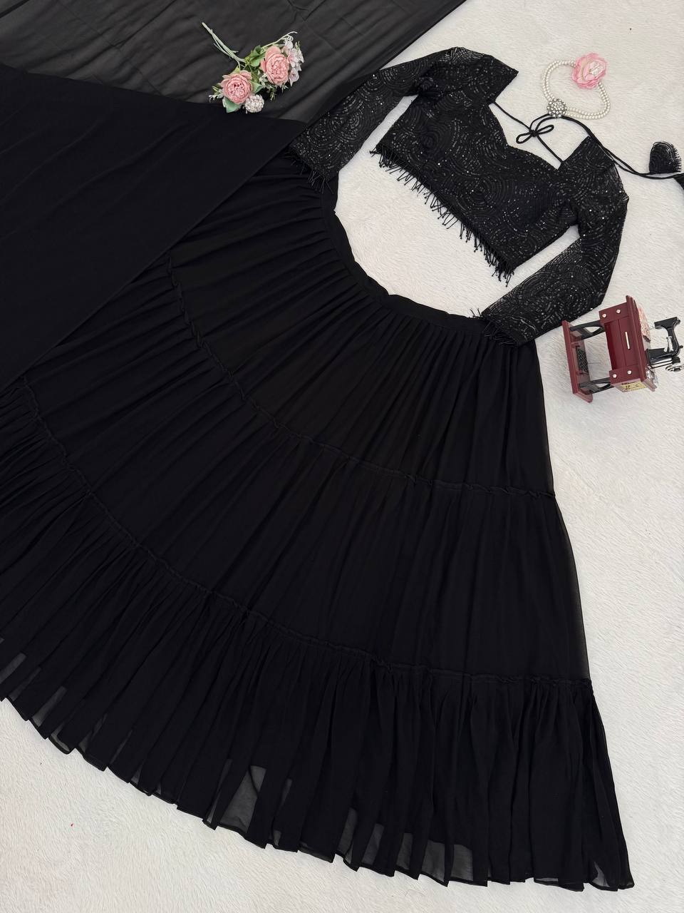 Laksharaa Sarees Black RUFFLE Georgette Lehenga Flat Lay Angled View
