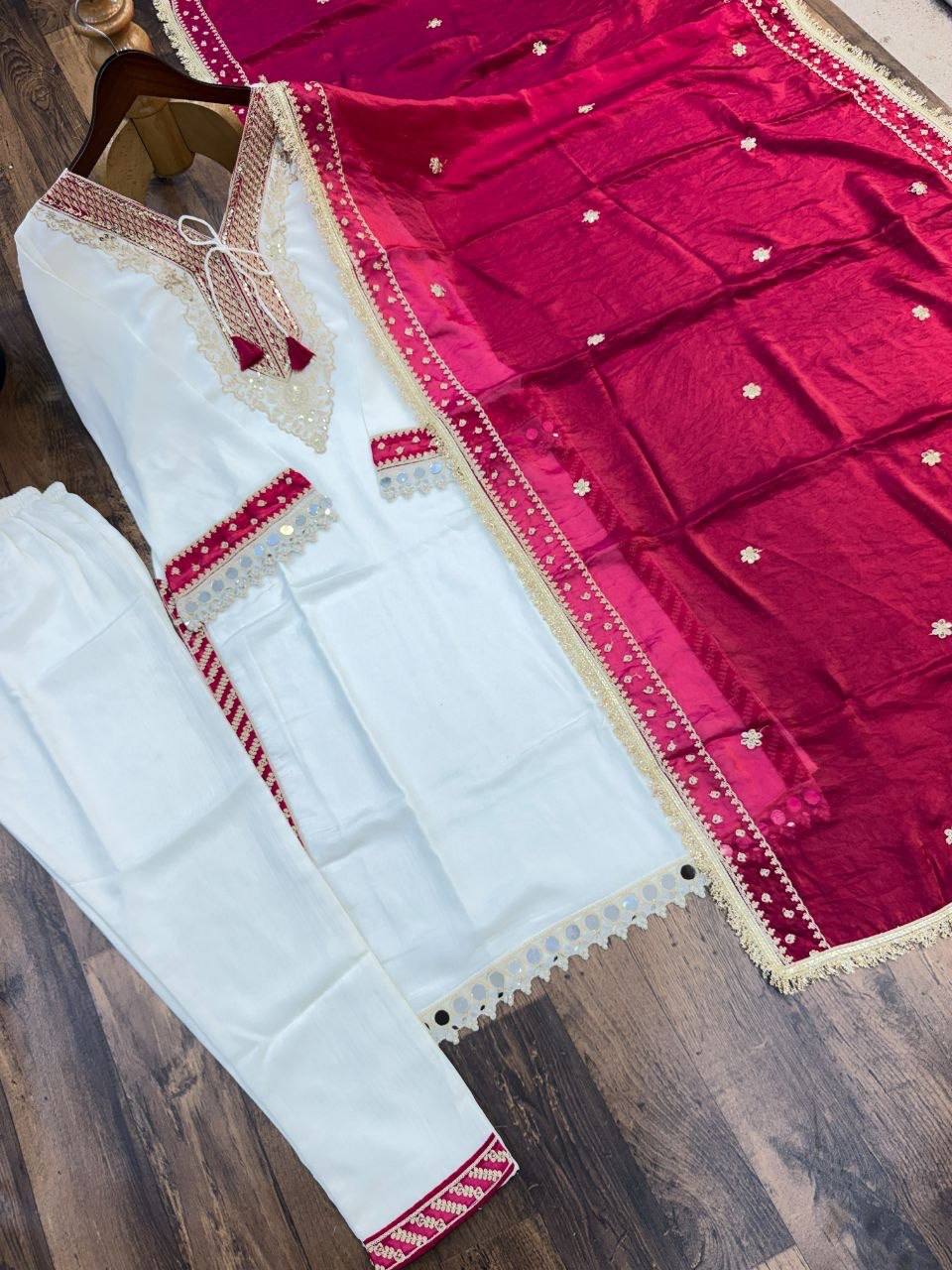 Laksharaa Sarees Chinnon Silk Kurti Set Off-White and Pink Front View