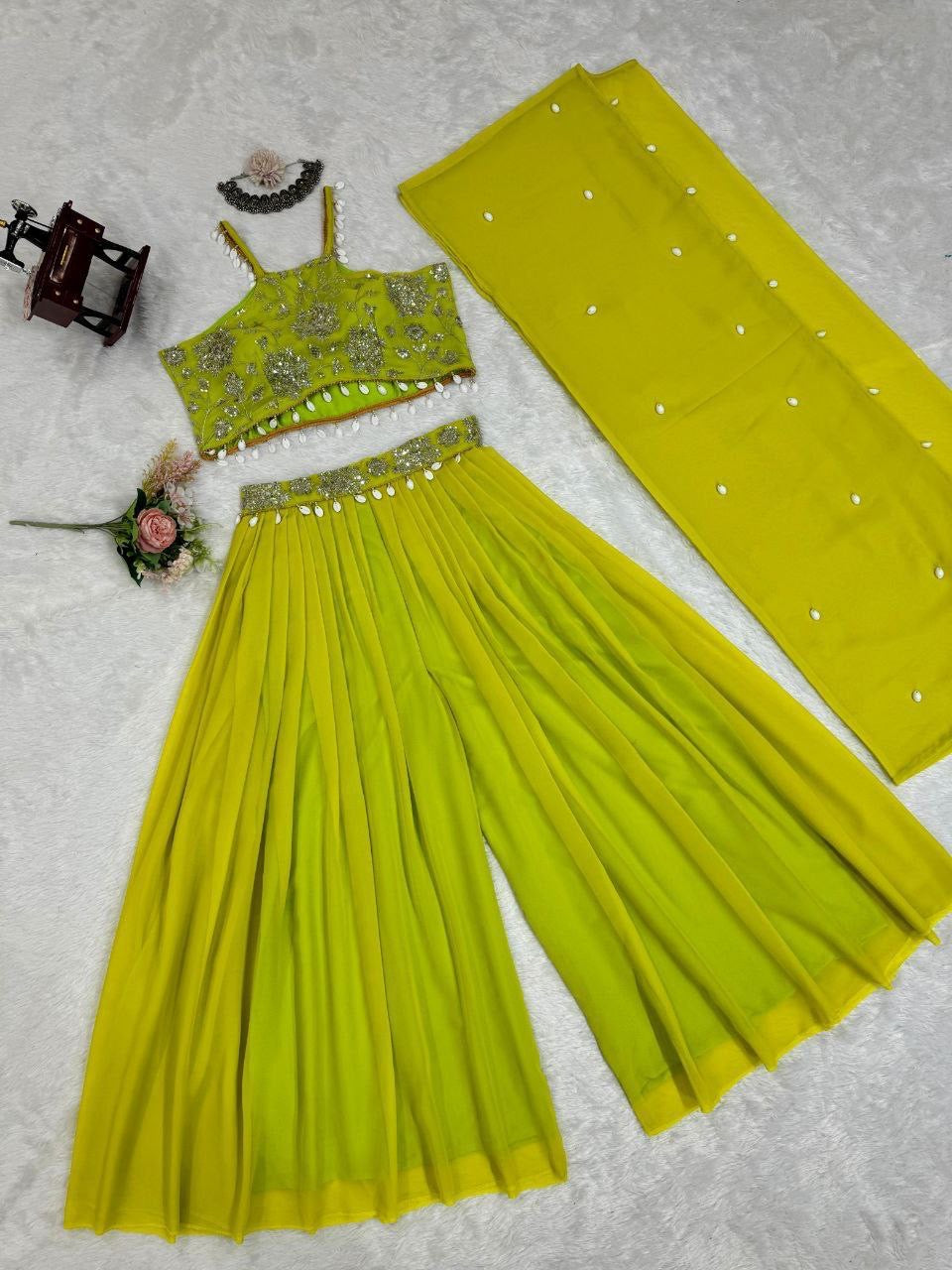 Lime Green Crop Top x Pallazo Suit with coat