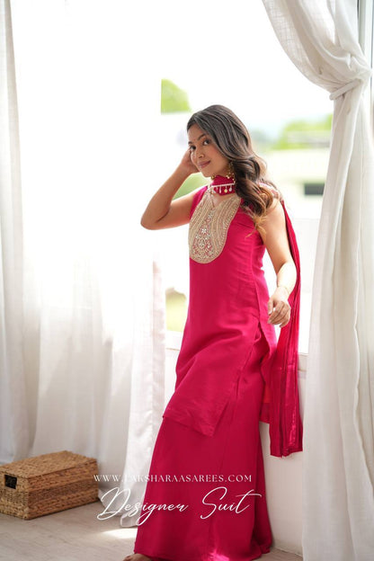 Laksharaa Sarees VARSHI Rani Pink Sharara Suit with Bow Shawl Side View