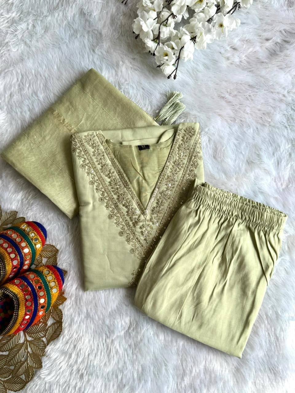 Laksharaa Sarees Roman Silk Pastel Green Comfy Kurti Set Sage Green Front View