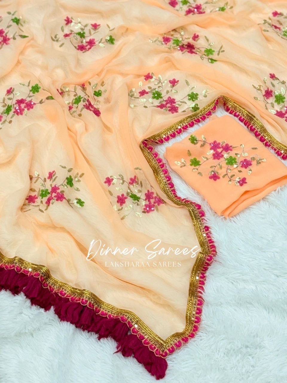 ISHTA - Floral Georgette Saree x Pink Tassel Border