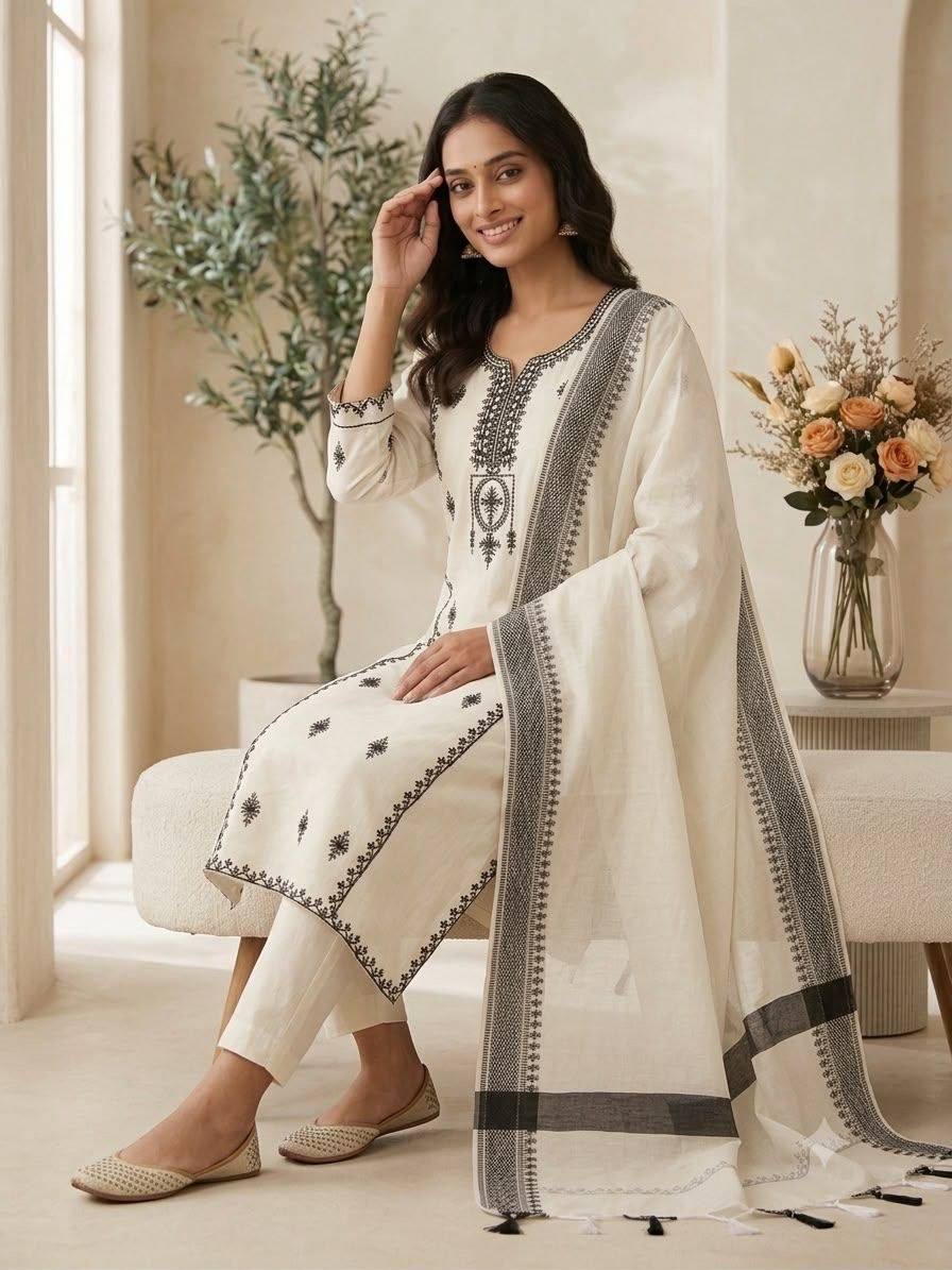 Laksharaa Sarees Festive Kadhi Cotton Kurti Set Off-White