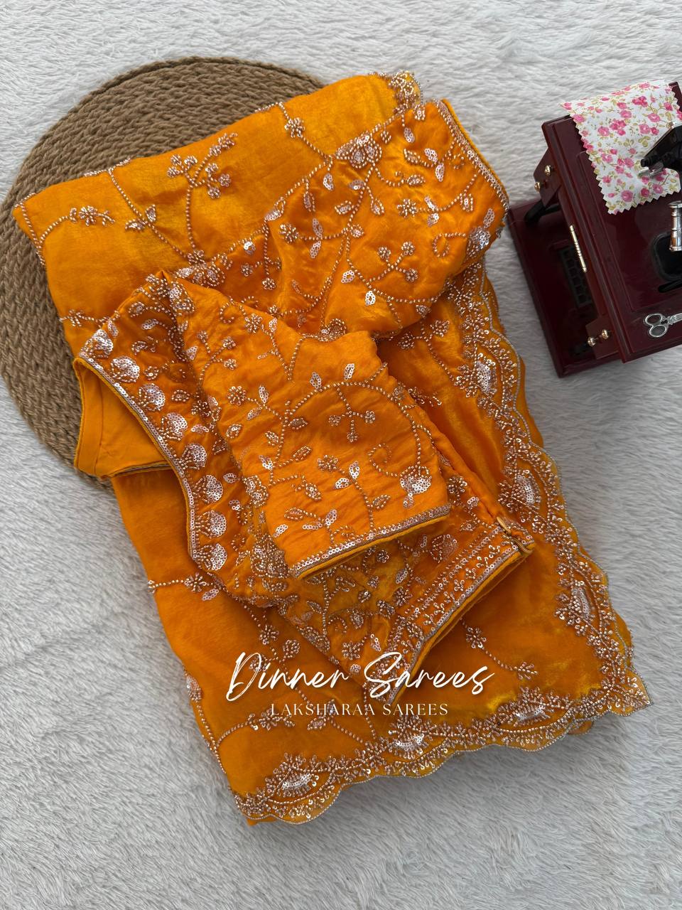 Laksharaa Sarees MEENA Designer Saree Mustard Yellow folded with embroidered blouse
