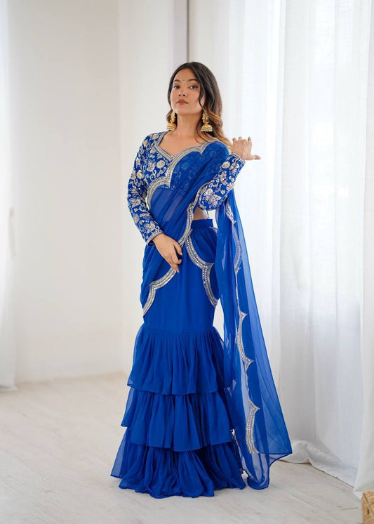 Laksharaa Sarees Georgette Ruffle Lehenga Royal Blue