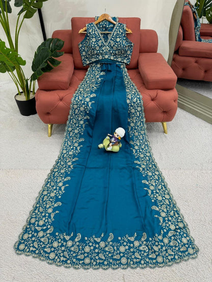 Blue Partywear Georgette Saree x Floral Embroidery