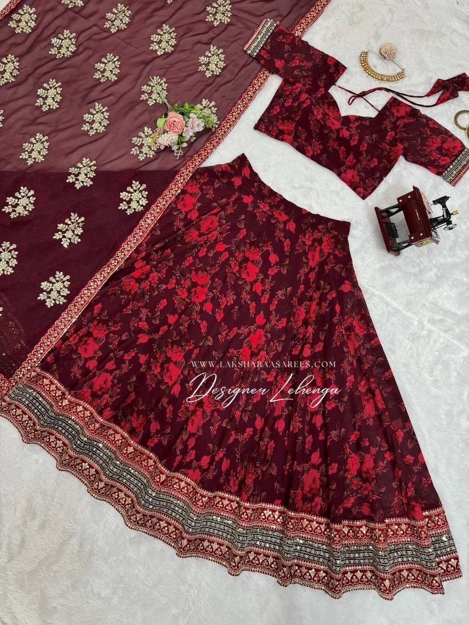 Maroon x Red Floral Georgette Lehenga