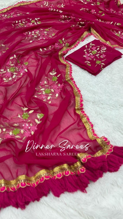 ISHTA - Floral Georgette Saree x Pink Tassel Border