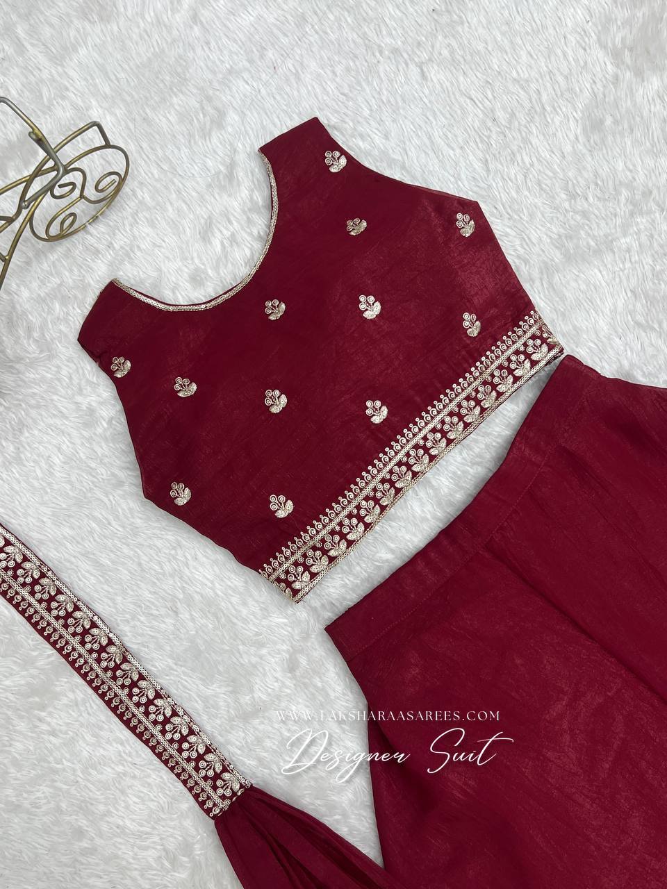 Laksharaa Sarees RAIZA - crop top Pallazo suit Burgundy close-up