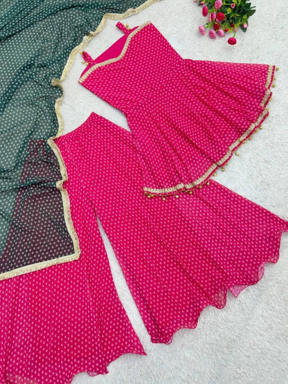 Laksharaa Sarees HANI bandhani print Sharara suit Hot Pink Flat Lay Angled
