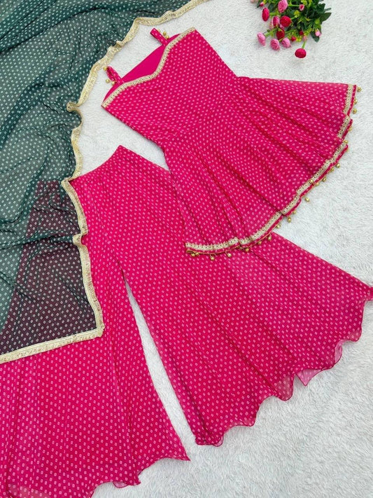 Laksharaa Sarees HANI bandhani print Sharara suit Hot Pink Flat Lay Angled