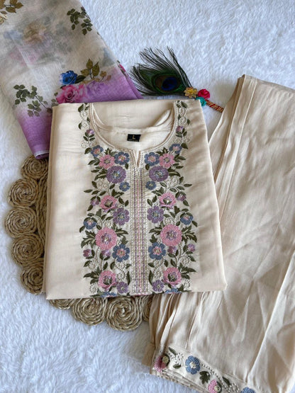 Beige Floral Kurti Set