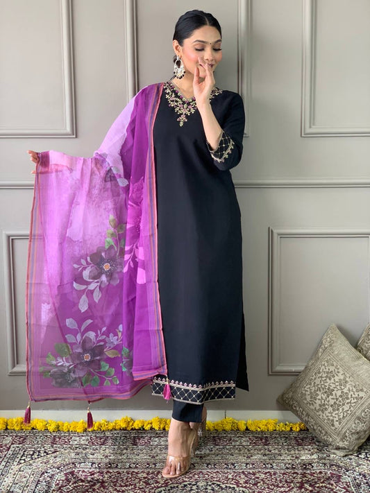 Premium Black x Purple Kurti Set with Grand Neckline