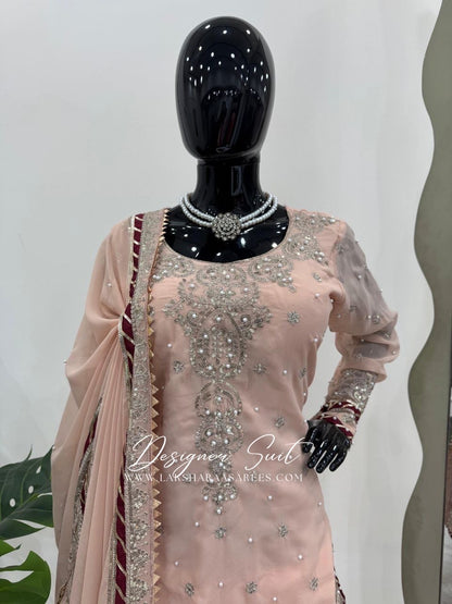 MAVISHA — Peach x Maroon Premium Pallazo Designer Suit