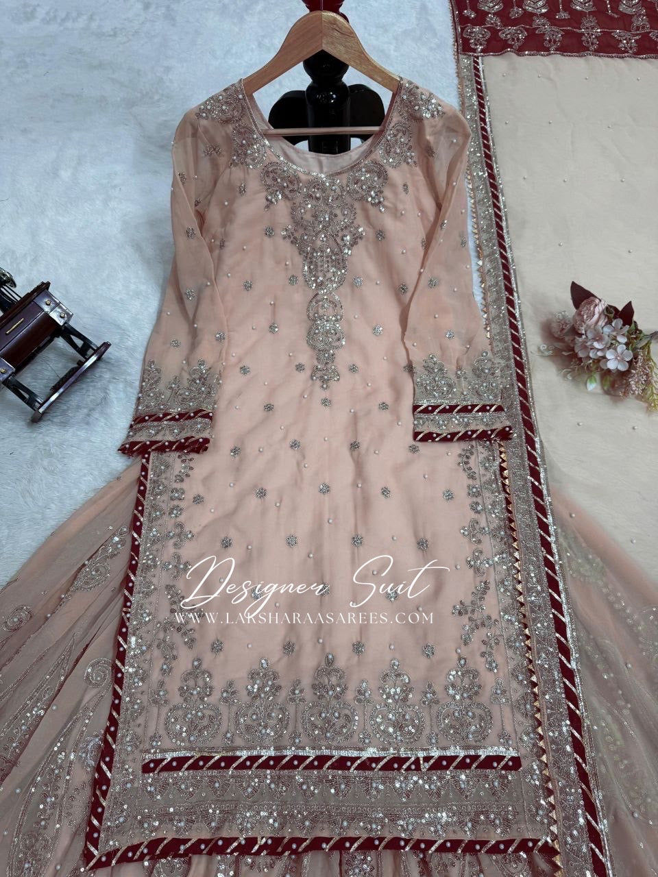 MAVISHA — Peach x Maroon Premium Pallazo Designer Suit