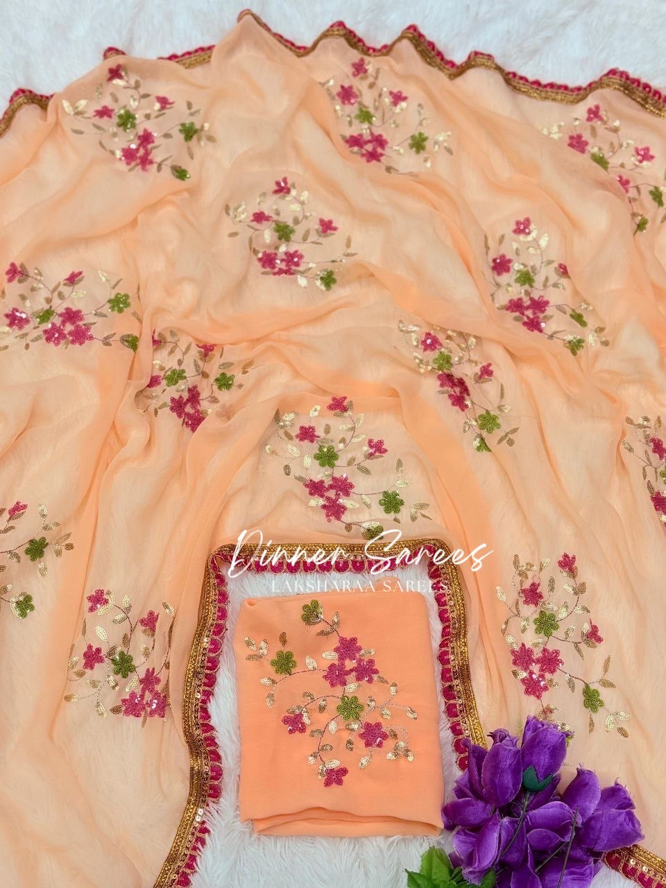 ISHTA - Floral Georgette Saree x Pink Tassel Border