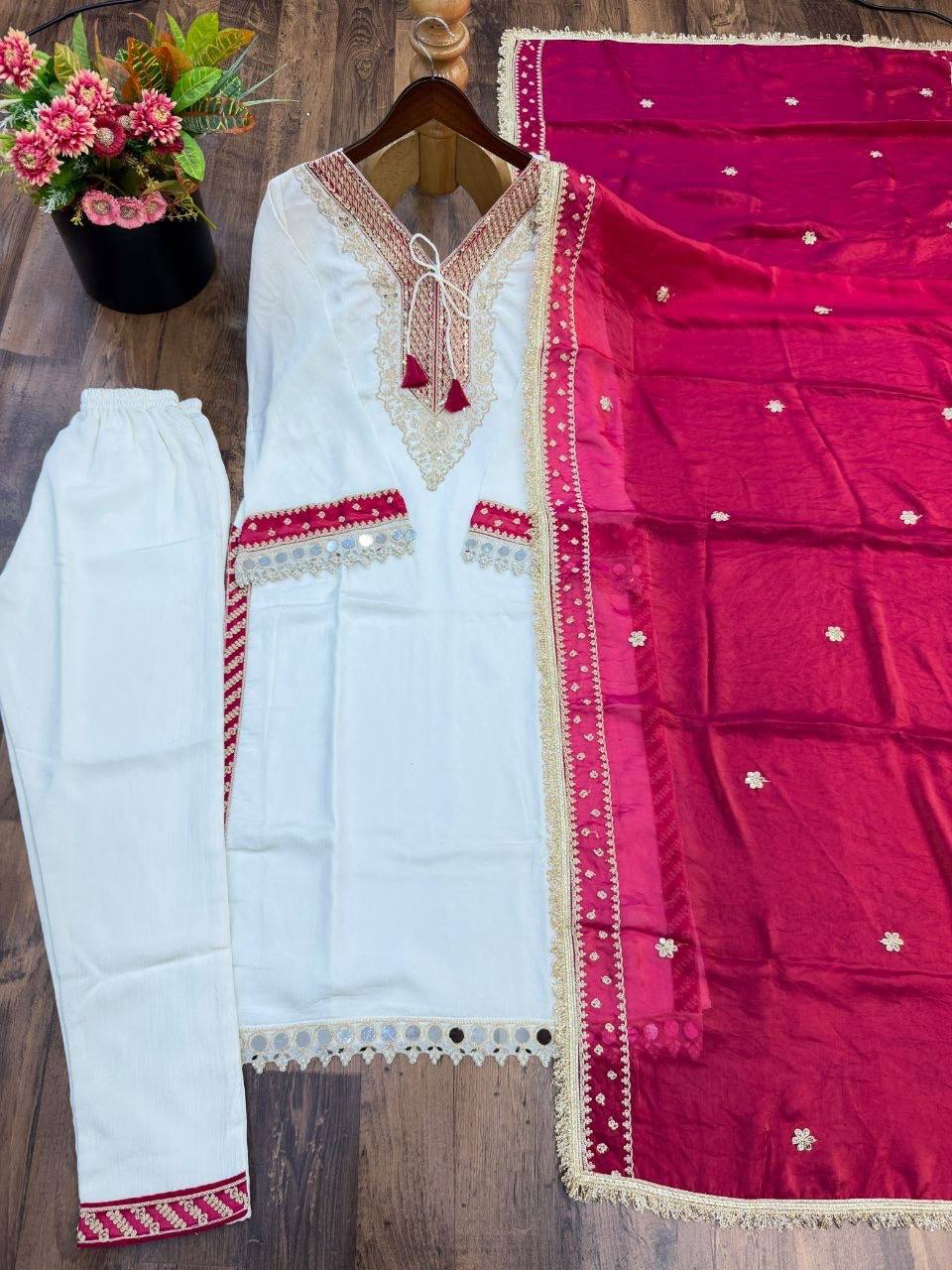 Laksharaa Sarees Chinnon Silk Kurti Set Off-White and Pink Full View