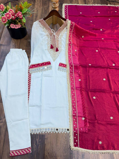 Laksharaa Sarees Chinnon Silk Kurti Set Off-White and Pink Full View