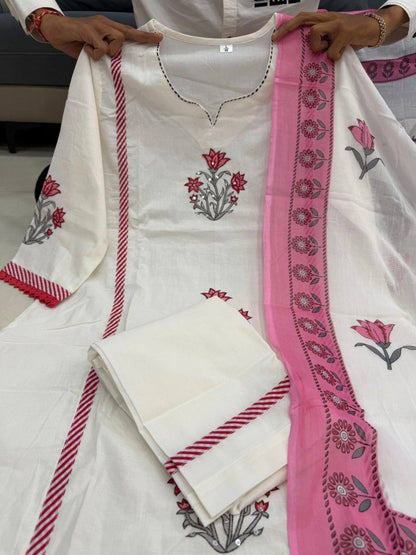 Laksharaa Sarees Summer Special - pink Jaipur Cotton Kurti Set Off-White with Folded Pants