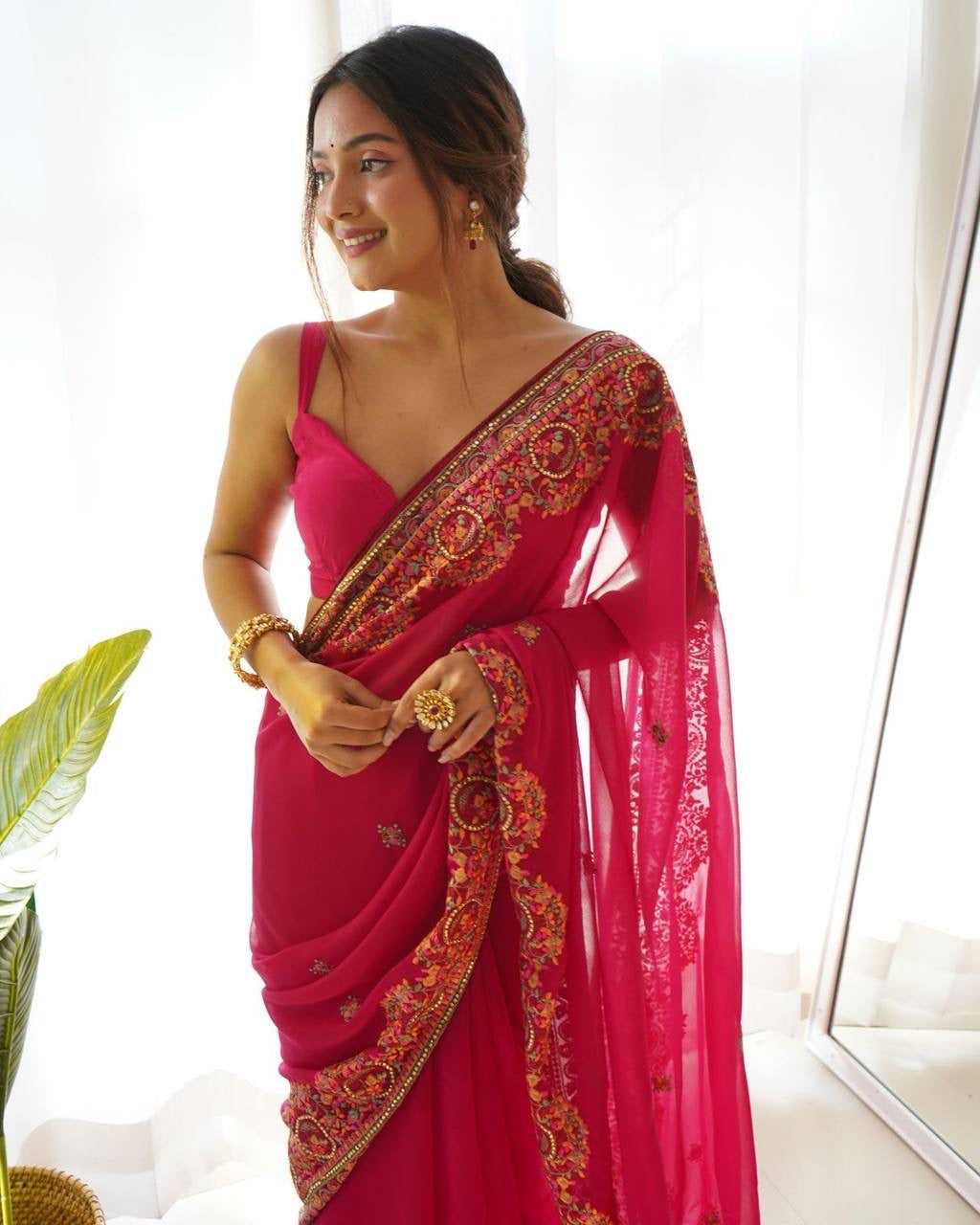 NEHA - Georgette Saree with Floral Embroidery Border Work