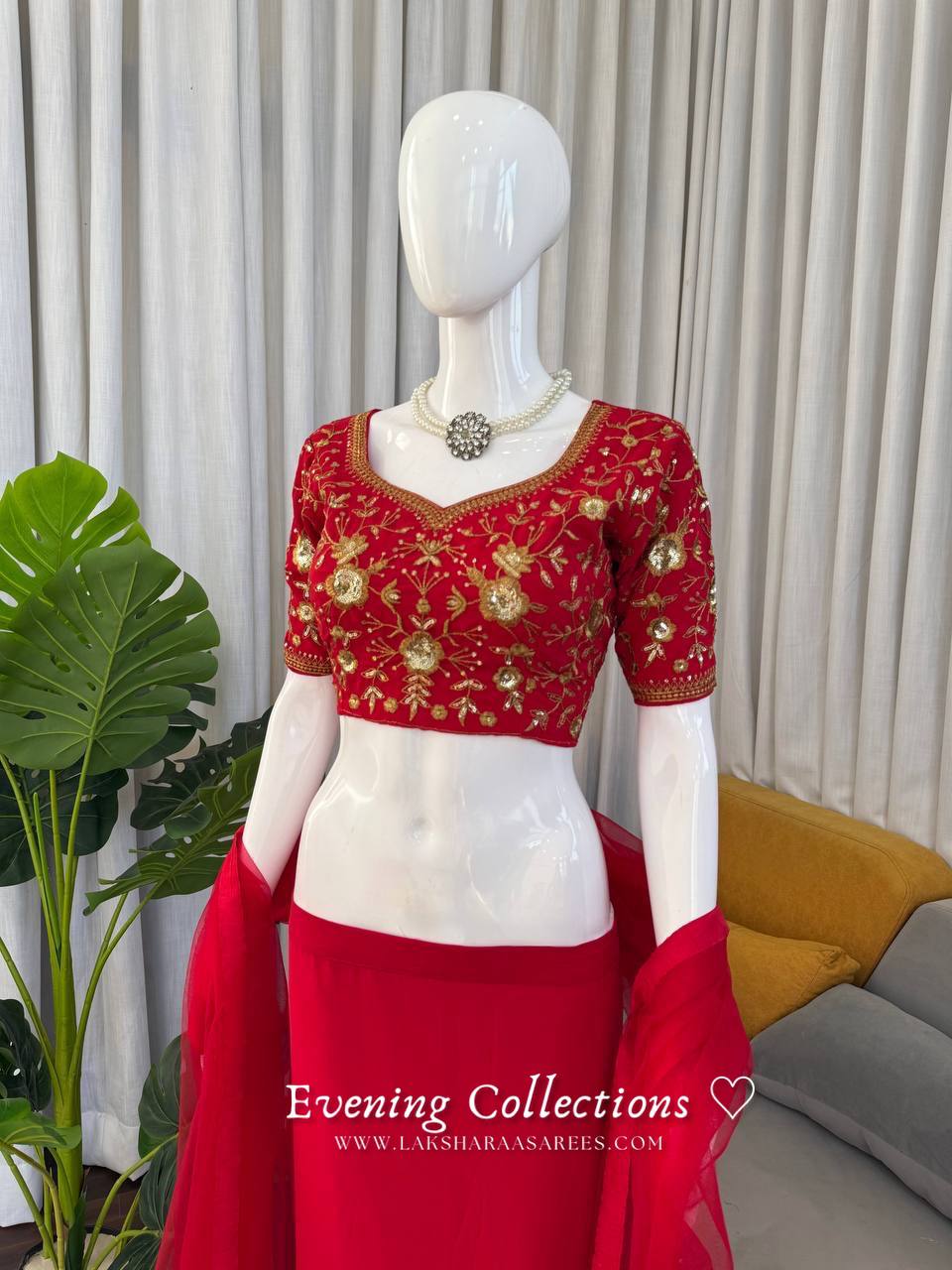 Laksharaa Sarees ELENA Half Saree Lehenga Red Blouse Detail on Mannequin