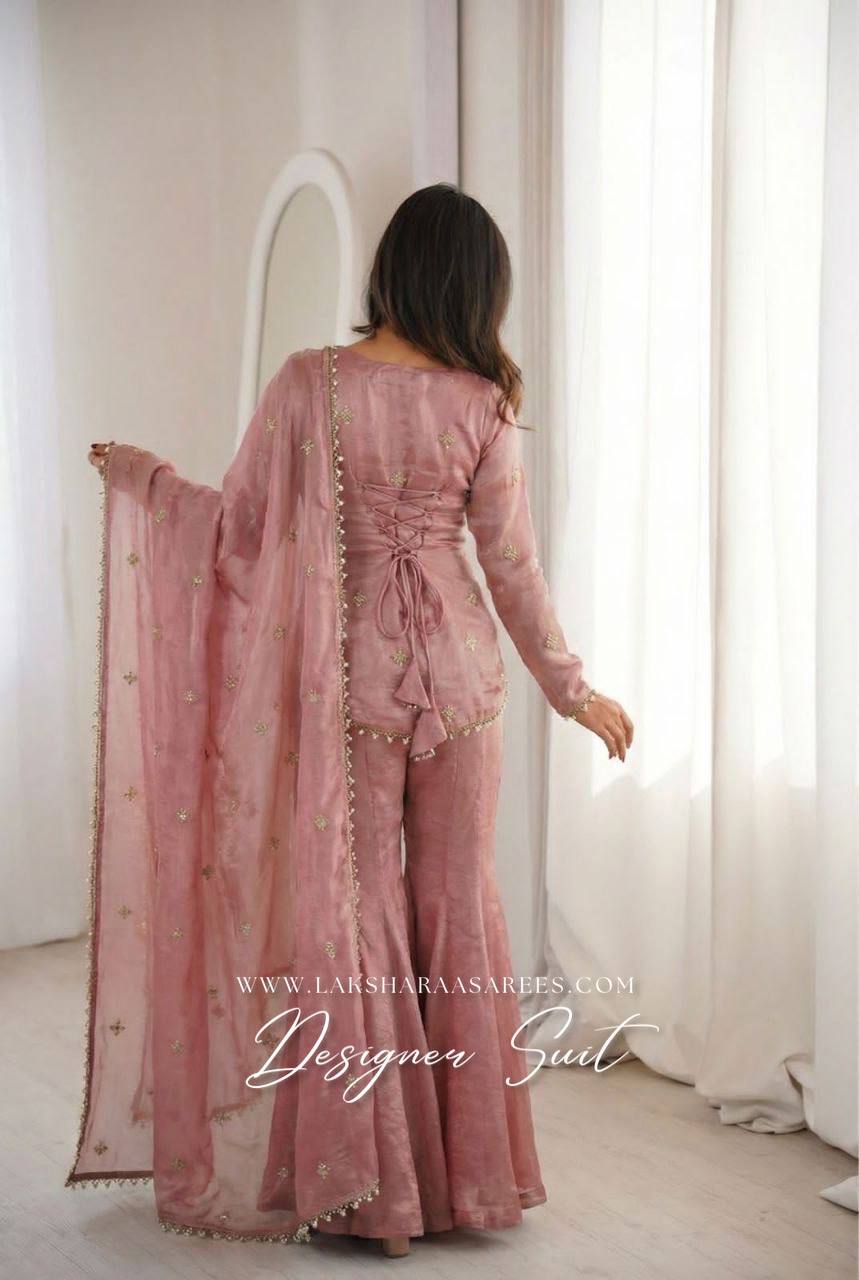 Laksharaa Sarees DEONA — Shimmer Silk Corset Back Sharara Suit Dusty Rose Model Back View