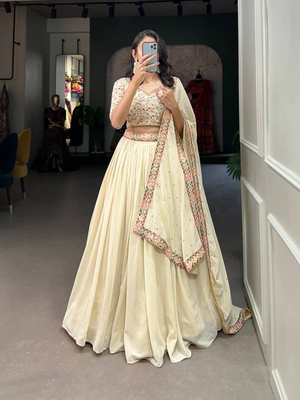 Cream Floral Georgette Lehenga