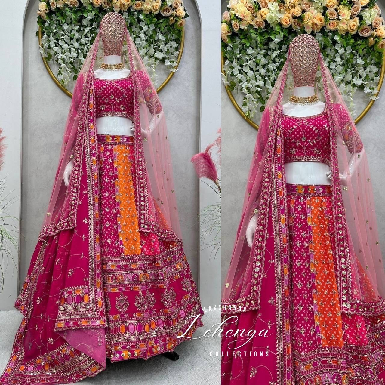 JUHI - Pink x Orange Multi Coloured lehenga