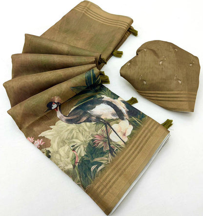 Laksharaa Sarees beautiful linen Saree Olive Brown folded with blouse piece