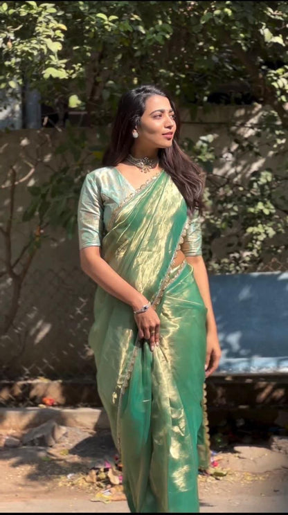 DOLLA - Green Shimmer Silk Saree x Gold Border