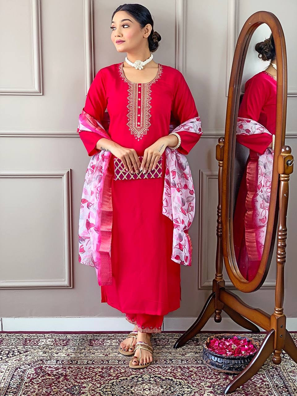 Rani Red x Floral Duppata Kurti Set