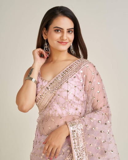 Pink x Gold Partywear Net Sequinned Saree