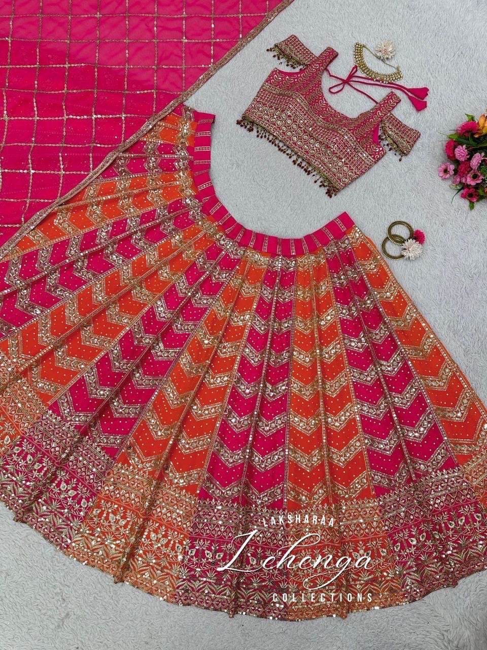 JUHI - Pink x Orange Multi Coloured lehenga