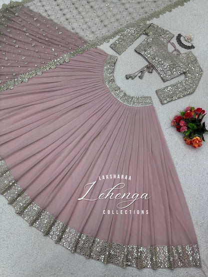 SAVITAA - Mauve Pink x Silver Georgette Lehenga with Stunning Duppata