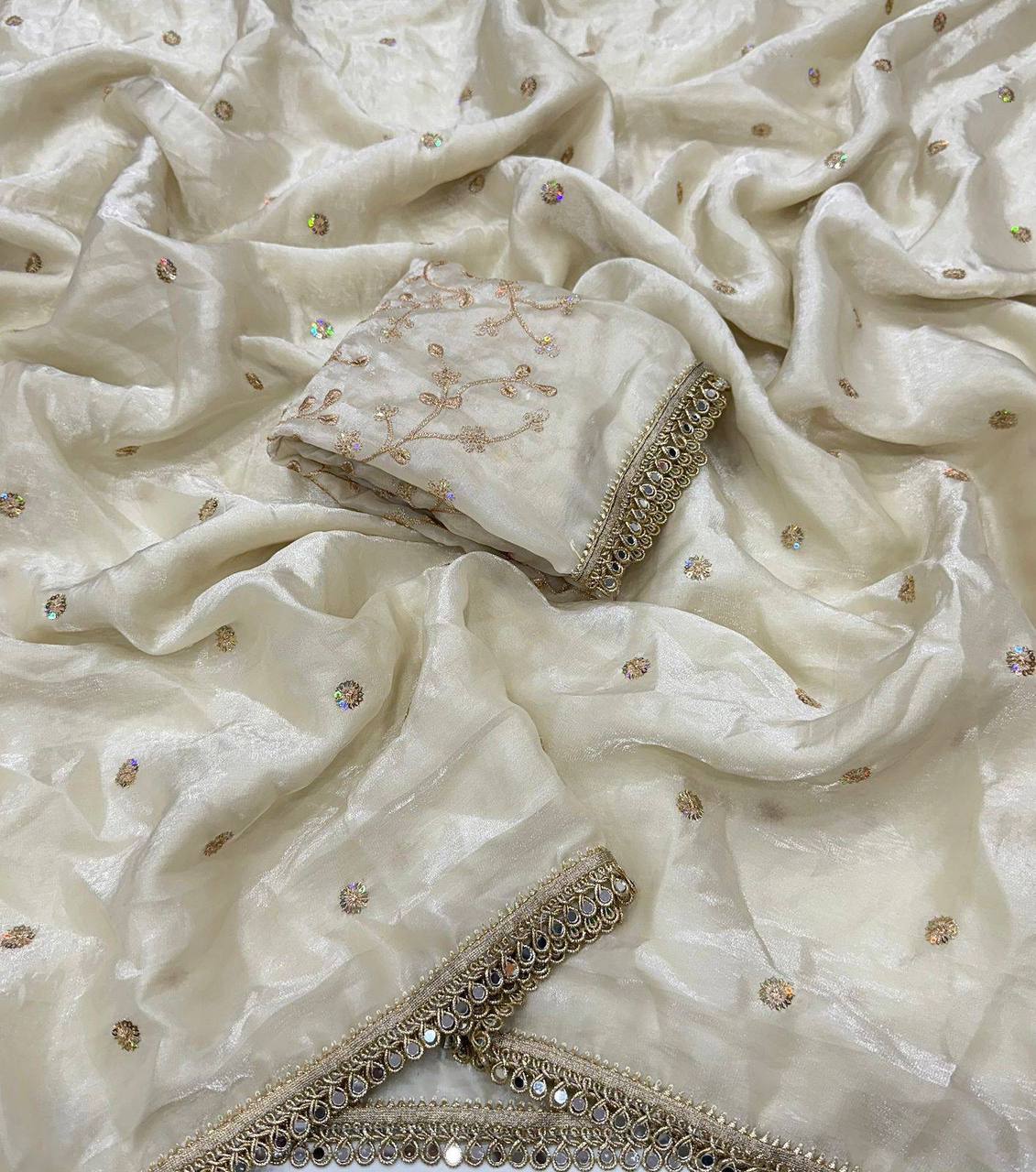 Laksharaa Sarees Cream Shimmer Satin Saree