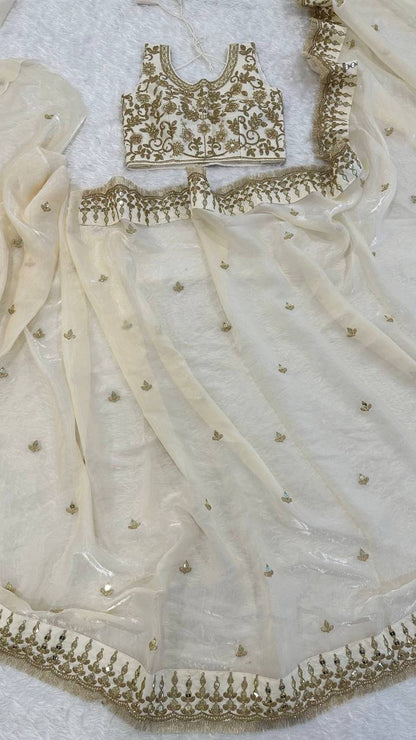 House of Kurtas Cream Georgette Dinner Saree detailed view