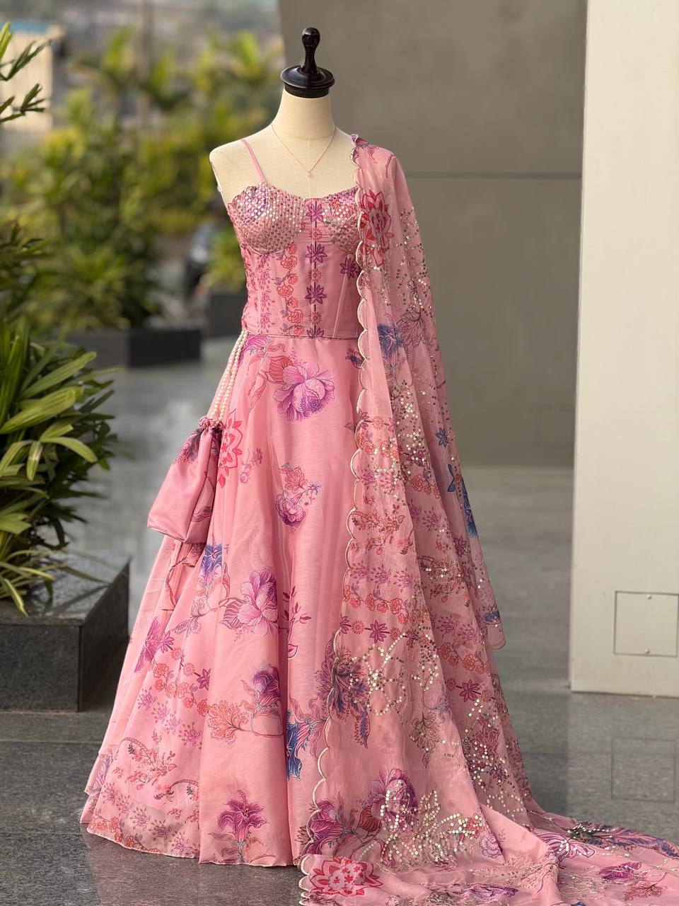 Laksharaa Sarees DIANA Pink Floral Corset Style Partywear Lehenga Side View
