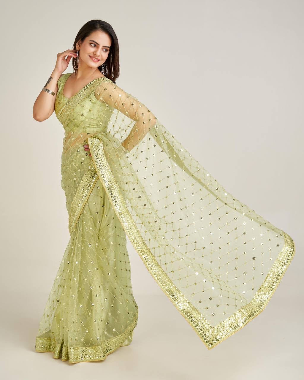 Green x Gold Partywear Net Sequinned Saree