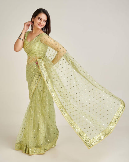 Green x Gold Partywear Net Sequinned Saree