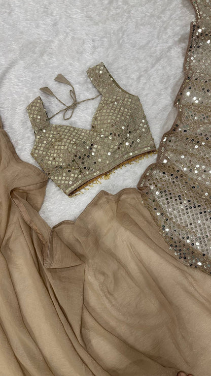 Laksharaa Sarees TAMIKA — Gold Sequinned Net Dinner Saree Champagne Gold