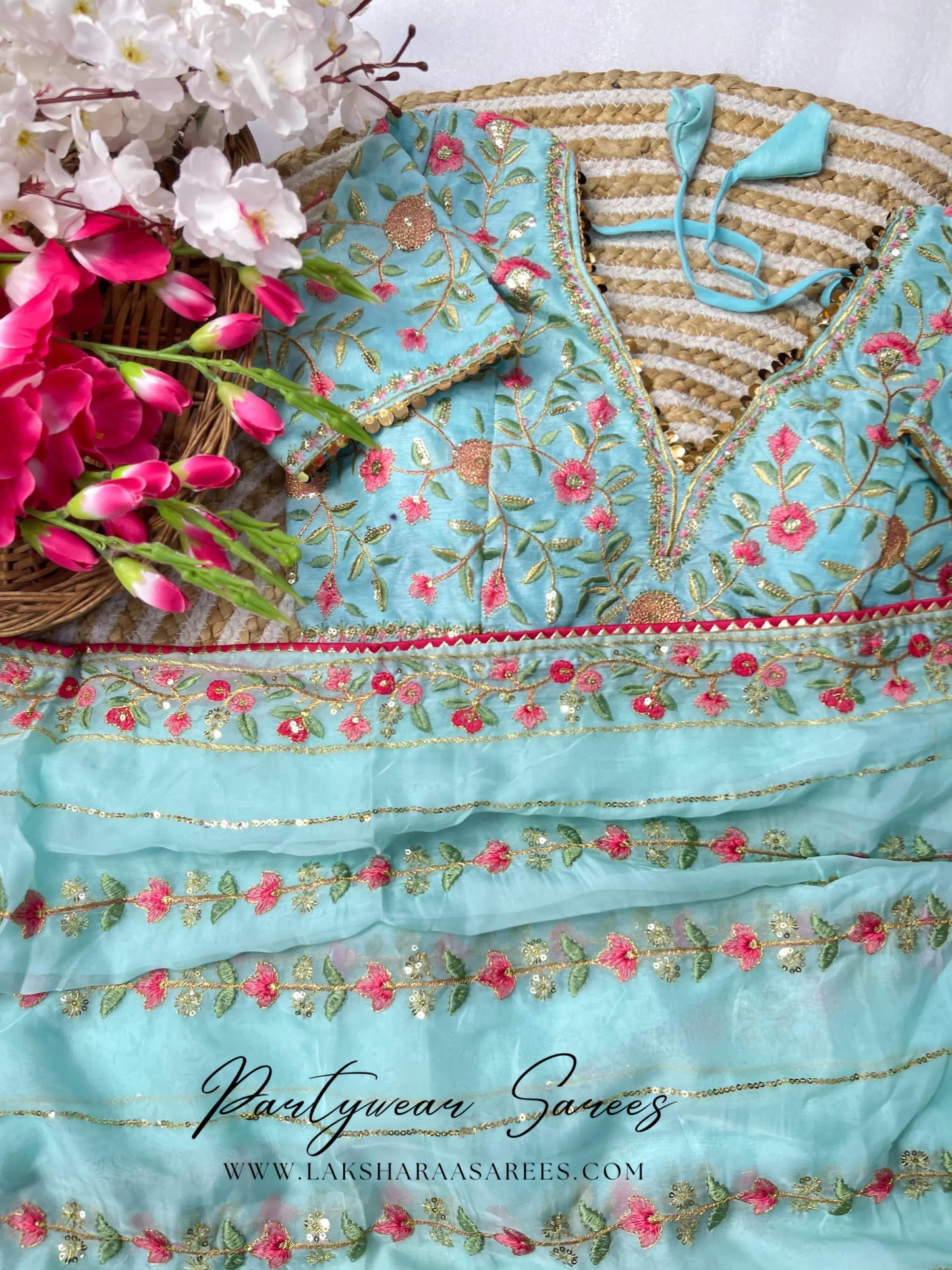 RANGOLI - Georgette Saree with floral embroidery work x readymade blouse