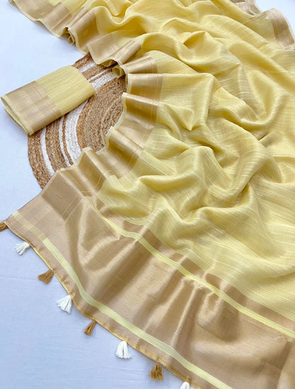 Pastel Kora Silk Saree x Gold Border & Tassel Border - Bridesmaid Special