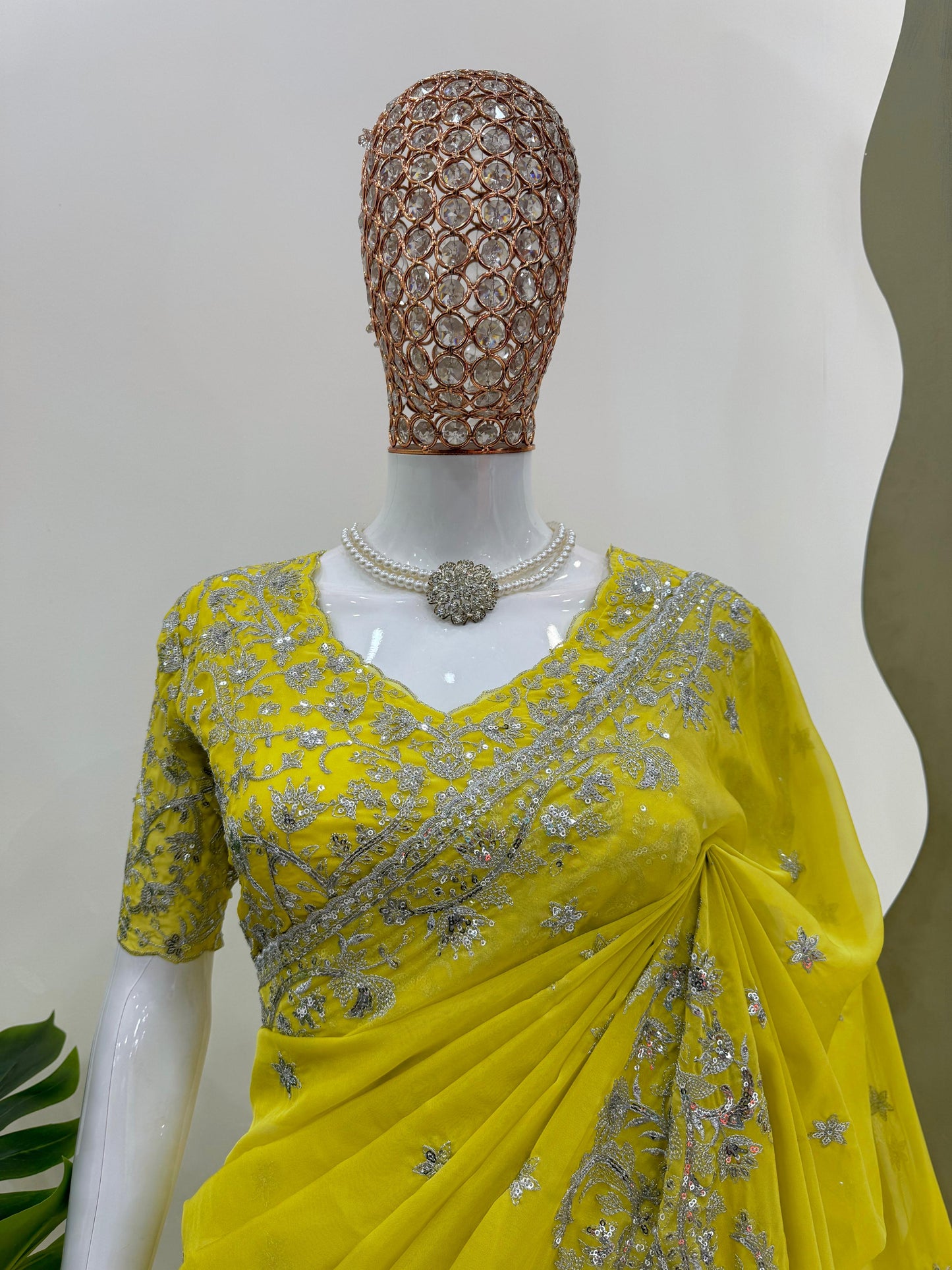 Lemon Green Georgette Saree x Designer Blouse