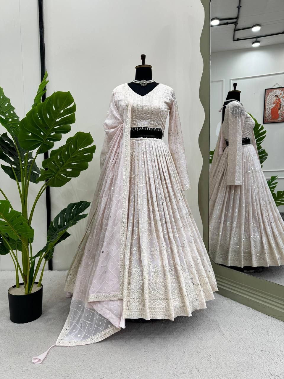 MIRAA - Pinkish White Georgette Lucknowi Lehenga