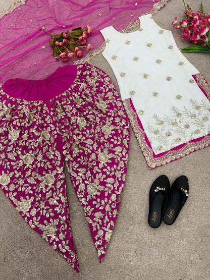 White x Dark Pink Dhoti Suit