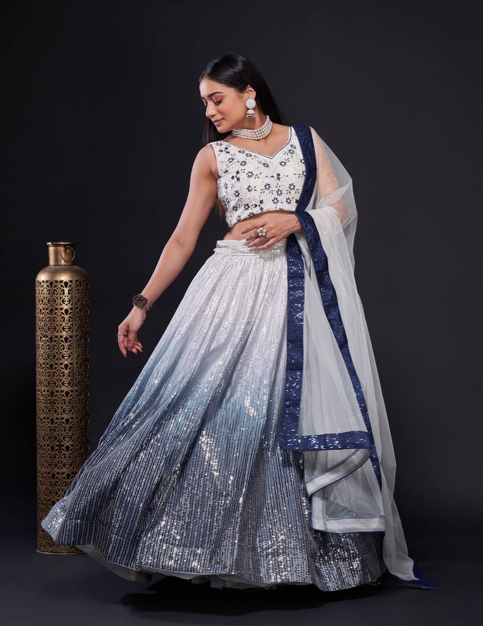 Florins White x Blue Ombré Floral Lehenga